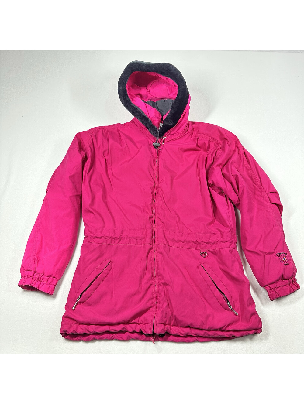 Obermeyer Ski Snow Coat Jacket Pink Black Floral Embroidery Hood Ladies Size 10